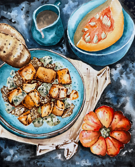 Still Life with Pumpkin & Blue Dishes (Original watercolor)